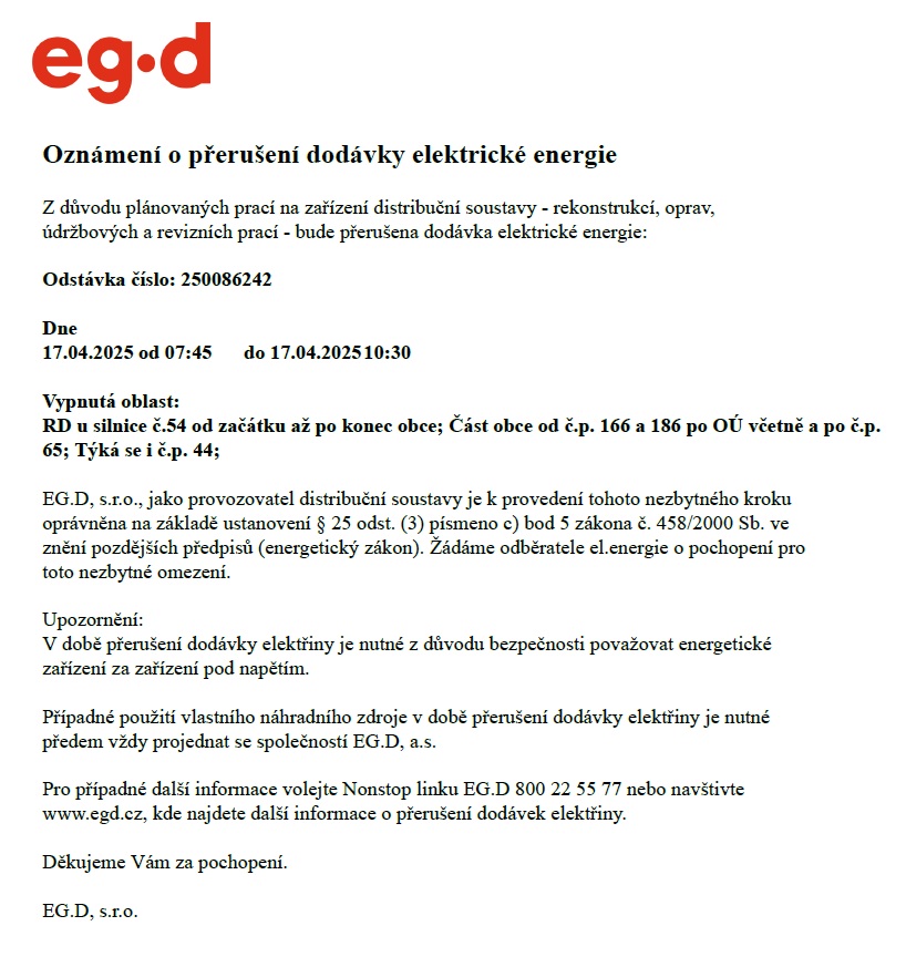 17.4. přerušení dodávky el. energie