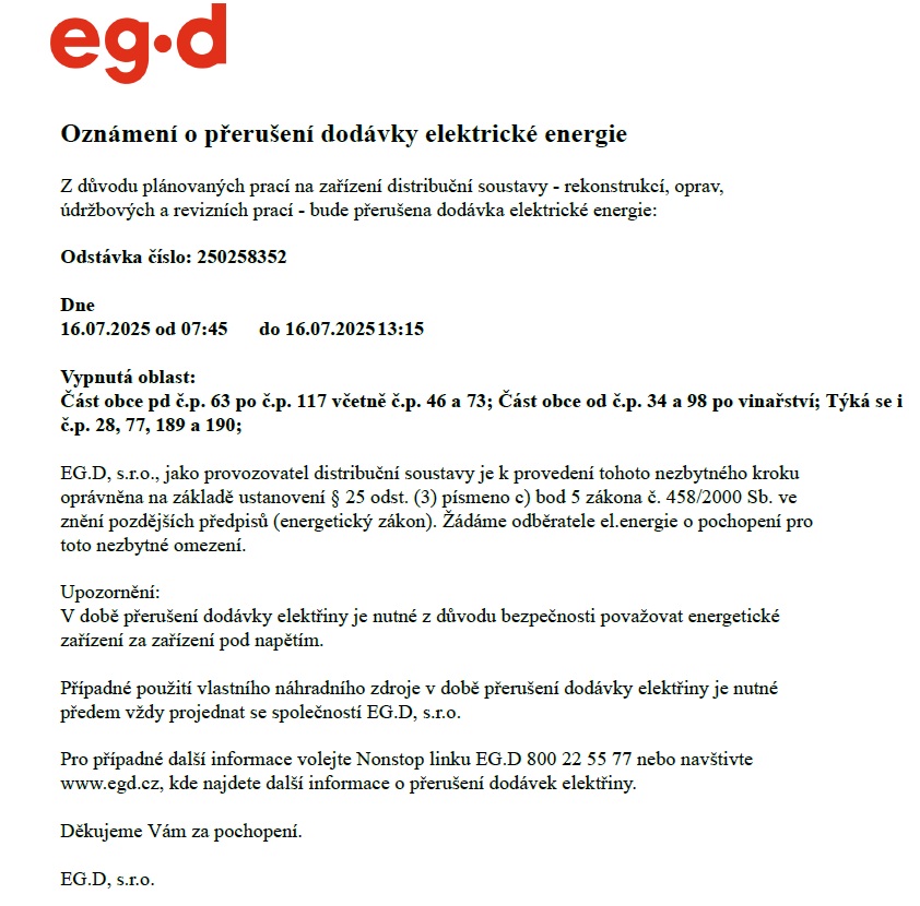 Přerušení dodávky el. energie 16.7.2025