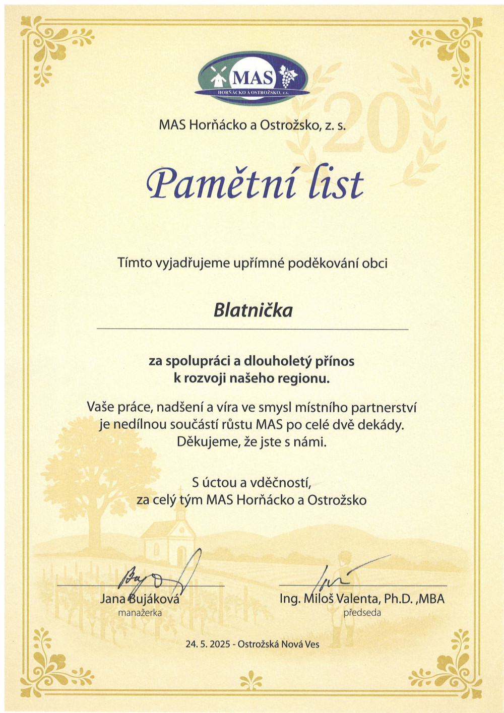 Pamětní list MAS